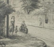 Váli Zoltán (1910-1994): Csepel állomás utca .. Rézkarc, papír, jelzett, számozott 15x32 cm Üvegezet...