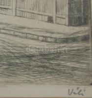 Váli Zoltán (1910-1994): Csepel állomás utca .. Rézkarc, papír, jelzett, számozott 15x32 cm Üvegezet...
