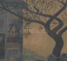 Kónya Zalán: Rakpart, reklámoszlopokkal. ca 1940. Olaj, papír. Jelzett. 29x16 cm Üvegezett keretben