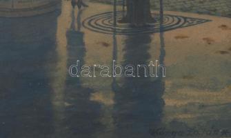 Kónya Zalán: Rakpart, reklámoszlopokkal. ca 1940. Olaj, papír. Jelzett. 29x16 cm Üvegezett keretben