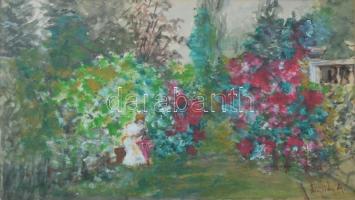 Neogády jelzéssel: Lány kertben. Olaj, papír. Jelzett 19x29 Üvegezett keretben