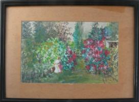 Neogády jelzéssel: Lány kertben. Olaj, papír. Jelzett 19x29 Üvegezett keretben