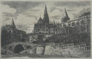 Farkas Rozália (?-?): Halászbástya. Rézkarc, papír, jelzett. Üvegezett fa keretben, 14,5×20,5 cm