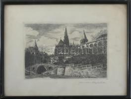 Farkas Rozália (?-?): Halászbástya. Rézkarc, papír, jelzett. Üvegezett fa keretben, 14,5×20,5 cm