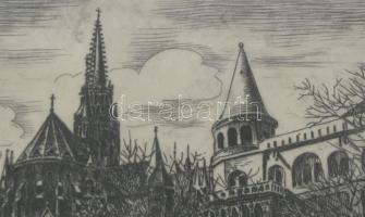 Farkas Rozália (?-?): Halászbástya. Rézkarc, papír, jelzett. Üvegezett fa keretben, 14,5×20,5 cm