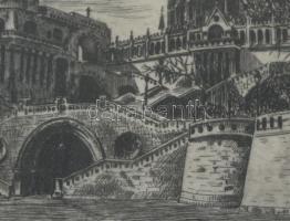 Farkas Rozália (?-?): Halászbástya. Rézkarc, papír, jelzett. Üvegezett fa keretben, 14,5×20,5 cm