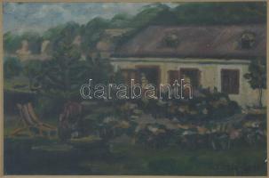 Kiss G. jelzéssel: Udvar állatokkal. Olaj, karton, jelzett, üvegezett keretben 14x20 cm