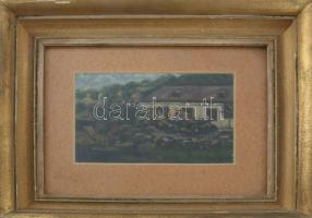 Kiss G. jelzéssel: Udvar állatokkal. Olaj, karton, jelzett, üvegezett keretben 14x20 cm