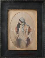 Subkégel Gyula (1907-?): Női portré. Akvarell, selyem. Jelzett. 27x20 cm. Üvegezett, dekoratív fakeretben.