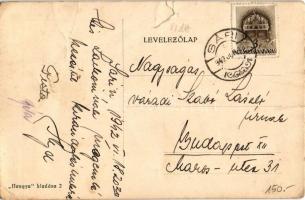 1942 Sári (Dabas), Községháza, Hősök szobra, emlékmű. Hangya kiadása (szakadás / tear)