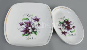 Hollóházi virágmintás 3 részes asztali szett, h: 14 cm alatt