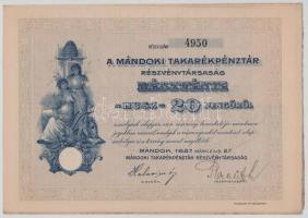 1927. Mándok "Mándoki Takarékpénztár Részvénytársaság" részvénye 20P-ről (3db, 2x sorszámk...