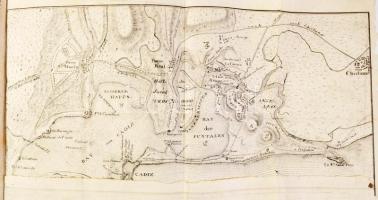1823 Plan der Umgebungen von Cadiz, 25x38 cm) t. In: Allgemeine Zeitung. Mit allerhöchsten Privilegien Nr. 274-365. 1823. okt. 1. - dec. 31. Hozzákötve: 1823 Beilage zur Allgemeinen Zeitung Nr. 165-225. 1823. okt. 1.- dec. 31. Adóbélyegzésekkel. Német nyelven. Korabeli kartonált papírkötés, kopott borítóval, hiányzó, sérült elülső szennylappal,1093-1460+657-912 p.