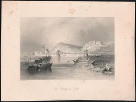 Bartlett, William Henry (1809-1854) - Wallis, Robert (1794-1878): A Lánchíd Pest és Buda között (The Bridge of Pesth). Acélmetszet, papír, jelzett a metszeten, kissé foltos, lapméret: 19x25,5 cm