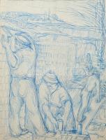 Gyarmathy Tihamér (1915 - 2005): Vázlat az építkezők, c. festményhez. Toll, papír, jelzett. 30x20 cm