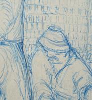 Gyarmathy Tihamér (1915 - 2005): Vázlat az építkezők, c. festményhez. Toll, papír, jelzett. 30x20 cm