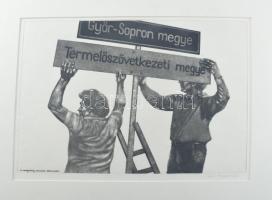 Sáros András Miklós (1945-): A ,ezőgazdaság szocialista átszervezése. Rézkarc, papír, jelzett, 30x40 cm