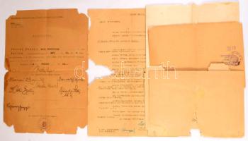 1945-1950 Prónay Sándor nyug. vezérőrnagy/tábornok vegyes iratai, közte Honvédelmi Minisztérium állandó igazoló bizottsága által kiállított határozat (igazolás), rajta Bartha Albert (1877-1960) katonatiszt, politikus, honvédelmi miniszter (1918, 1946-1947) aláírásával; nyilatkozat; Bp. I. ker. Attila utcai lakásával kapcsolatos iratok; stb., összesen 8 db, változó állapotban