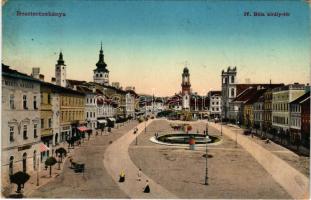 Besztercebánya, Banská Bystrica; IV. Béla király tér, Schaffer, Strelinger üzlete, Nemzeti Szálló / square, shops, hotel + "ZÓLYOM-BREZO - ZÓLYOM 98. SZ." vasúti mozgóposta bélyegző (EK)