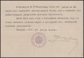 1931 Bp., Fejléces papír Zsitvay Tibor igazságügy-miniszter aláírásával