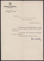 1943 Bp., Zsindely Ferenc kereskedelmi és közlekedésügyi miniszter aláírása kinevezési okmányon