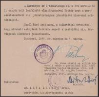 1944 Bp., Radocsay László igazságügy-miniszter aláírása kinevezési okmányon