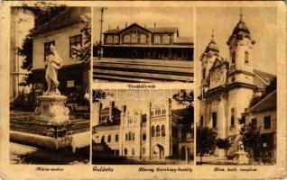 1944 Galánta, Galanta; Mária szobor, Vasútállomás, Herceg Esterházy kastély, Római katolikus templom. Aigner Lajos kiadása / Virgin Mary statue, railway station, castle, Catholic church (gyűrődések / creases)