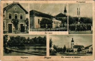 1948 Negyed, Neded; Vasútállomás, Vág részlet, Református iskola, Katolikus templom és iskola, országzászló / railway station, Váh river, Calvinist school, Catholic church and school, Hungarian flag (Rb)