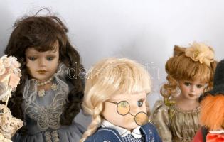 6 darabos francia porcelánfejű baba gyűjtemény, sámlikkal, közte nagyobb méretű babával és gyűjtői d...