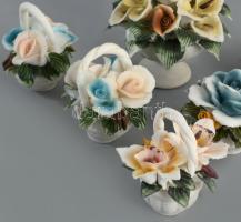 6 darab porcelán virágkosár dísz, m: 7,5 cm alatt