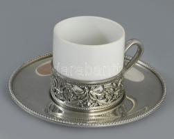 Limoges 6 személyes mokkás készlet fém pohártartóban, alátéttel, jelzett, d: 12 cm
