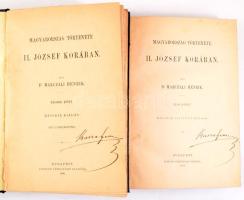 Marczali Henrik: Magyarország története II. József korában 1-2. köt. Bp.,, 1885?1888. Pfeiffer Ferdinánd, V+1+442 p. + 1 (kihajtható táblázat) t.+ XV+533+3 p.+1 (kihajtható táblázat) t. A címlapokon szentkirályszabadjai Karsa Ferenc (1827-1915) 1848-as honvéd hadnagy, Görgey Artúr parancsőrtisztje, árvaszéki elnök névbejegyzéseivel és a lapokon ceruzás bejegyzéseivel, jegyzeteivel.  Átkötött félvászon-kötések, mintás lapélekkel, kissé kopott borítókkal, a 2. kötet táblázata kettészakadt.