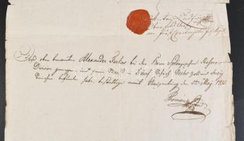 1815 Kolozsvár. Anton Ludwg, az 1. sz. német katárőr gyalogezred tábornokának igazolása Bölöni Farka...