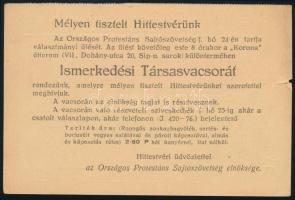 cca 1930 Meghívó az Országos Protestáns Sajtószövetség ismerkedési társasvacsorájára, kis sérüléssel