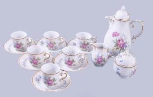 Hollóházi Hajnalka mintás mokkás / kávés készlet, jelzett, kopással, kiöntő sérült, teljes.