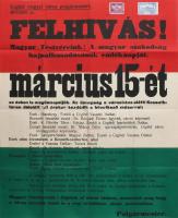 1938 Cegléd, Március 15. ünnepségek nemzetiszínű plakát, papír, tetején korabeli okmánybélyegekkel. 48x60 cm Hajtva, apró lapszéli szakadásokkal, néhány ceruzás aláhúzással, jó állapotban