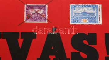 1938 Cegléd, Március 15. ünnepségek nemzetiszínű plakát, papír, tetején korabeli okmánybélyegekkel. ...