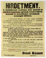 1943 Nagykőrös hirdetmény a hadműveleti területen lévő honvéd és munkaszolgáltoso egének részére téli ruhanemű és óvócikkeket tartalmazó csomagok küldése. 30x40 cm