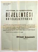 1939 Nagykőrös Iparosok és kereskedők bejelentési kötelezettsége a zsidótörvények kapcsán. nagy méretű hirdetmény 47x63 cm hajtva, jó állapotban