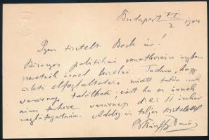 1904 Báró Bánffy Dezső (1843-1911) korábbi magyar miniszterelnök saját kézzel írt és aláírt üzenete dombornyomott címeres kartonján Beck Adolf (1860-1939) tekintélyes budapesti nagykereskedő részére politikai vonatkozású ügy (valószínűleg magyarosítás) megbeszélésére, szép állapotban