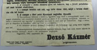 1943 Nagykőrös hirdetmény a hadműveleti területen lévő honvéd és munkaszolgáltoso egének részére tél...
