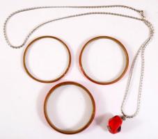 4 részes ékszer szett, vörös korall? berakással, díszítéssel.