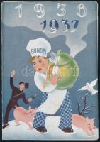 1936 A budapesti Gundel Étterem szilveszteri kétlapos menükartonja kiegészítő árlappal, dekoratív art deco címlappal, szép állapotban