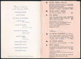 1936 A budapesti Gundel Étterem szilveszteri kétlapos menükartonja kiegészítő árlappal, dekoratív ar...