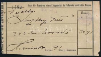 1906 Sz. kir. Komárom (Felvidék) városi italmérési adófizetési bárca kitöltve, pecsételve, jó állapotban