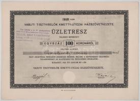1922. Budapest "Vasúti Tisztviselők Kmetty-utczai Házszövetkezete" névre szóló üzletrész 1...