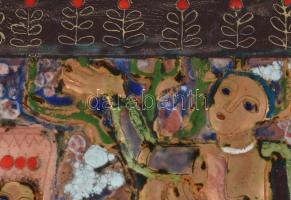 Fajka János (1935-): Gyümölcsösben. Tűzzománc kép réz alapon, jelzett, fa keretben, 22,5x14 cm, 40x2...