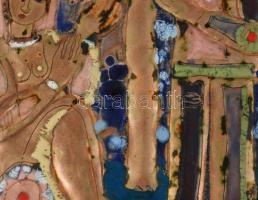 Fajka János (1935-): Gyümölcsösben. Tűzzománc kép réz alapon, jelzett, fa keretben, 22,5x14 cm, 40x2...