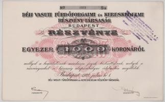 1922. Budapest "Déli Vasuti Fürdőforgalmi és Kereskedelmi Részvénytársaság Budapest" részvénye összesen 1000K-ról, (2x) sorszámkövetők "0223-0224" , szárazpecséttel, bélyegzésekkel T:XF