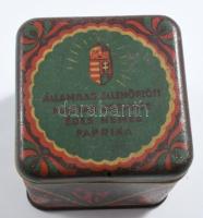 cca 1925-1930 Államilag ellenőrzött magyar csemege édes nemes paprika fém doboz, kopásnyomokkal, 7,5...